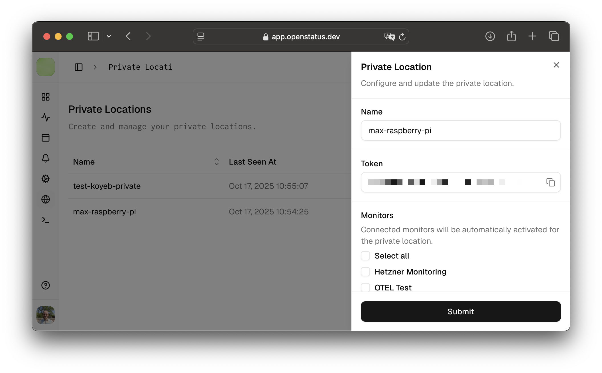 dashboard create private location form