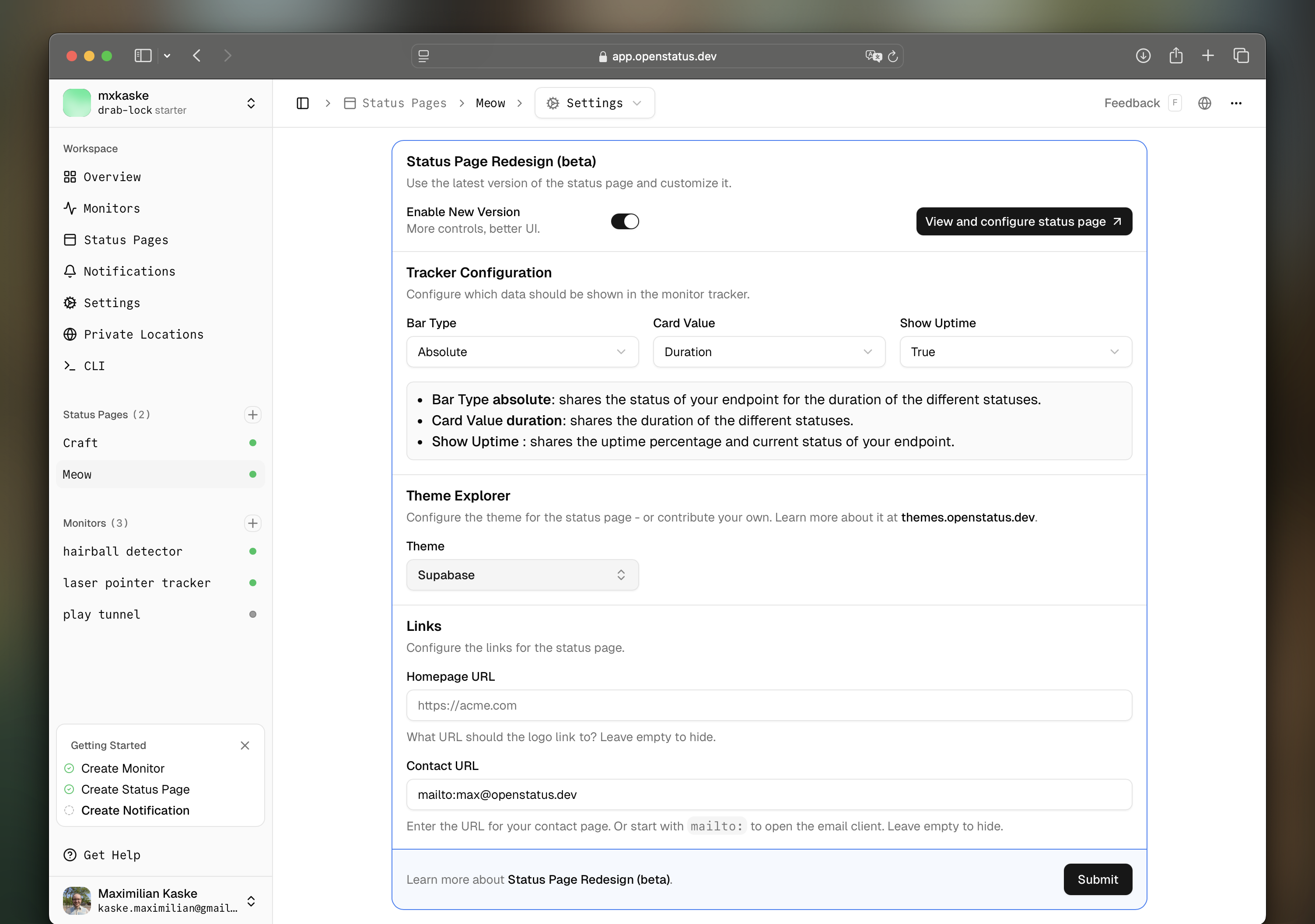 Status Page Dashboard Settings